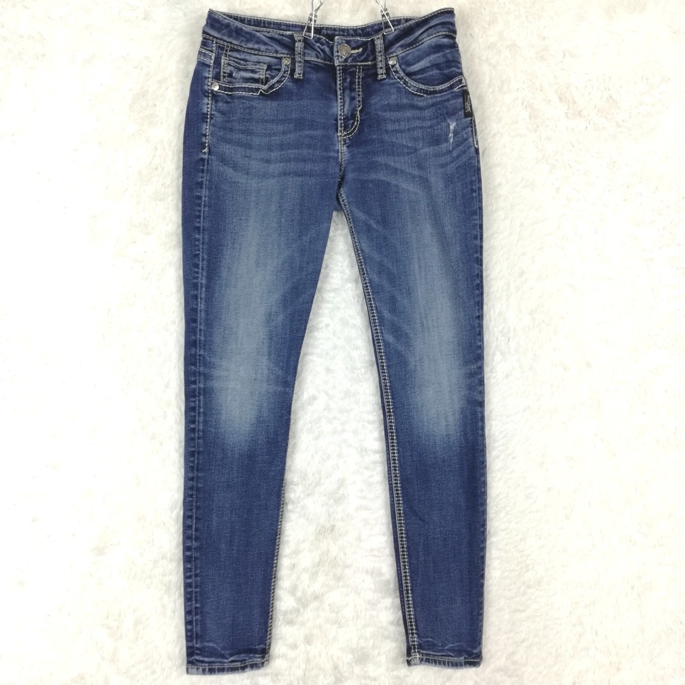 Silver Womens Jeans Suki Skinny‎ Blue Denim Whiskering Distressed Low Rise 28